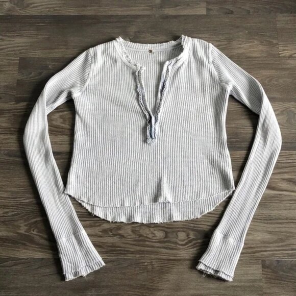 Free People FP One Colt Thermal Waffle Top Blue Distressed Long Sleeve - Picture 2 of 3